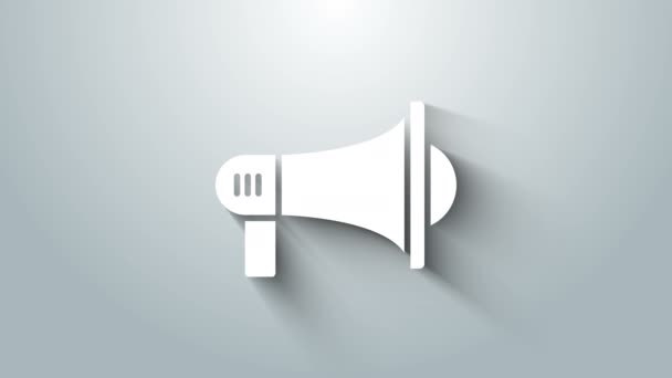 Weißes Megafon-Symbol isoliert auf grauem Hintergrund. Lautsprecheralarm. Bullhorn für Mundstück Schreiförderung. 4K Video Motion Grafik Animation — Stockvideo