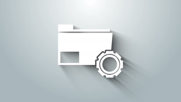 White Folder settings with gears icon isolated on grey background. Software update, transfer protocol, teamwork tool management, copy process. 4K Video motion graphic animation — Stock video