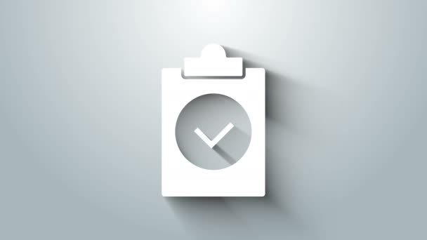 White Completed task icon isolated on grey background. Compliance inspection approved. Checklist sign. Certified document symbol. 4K Video motion graphic animation — Stock Video