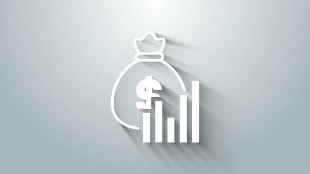 White Money bag and diagram graph icon isolated on grey background. Financial analytics, budget planning, finance managemen. 4K Video motion graphic animation — Vídeo de Stock