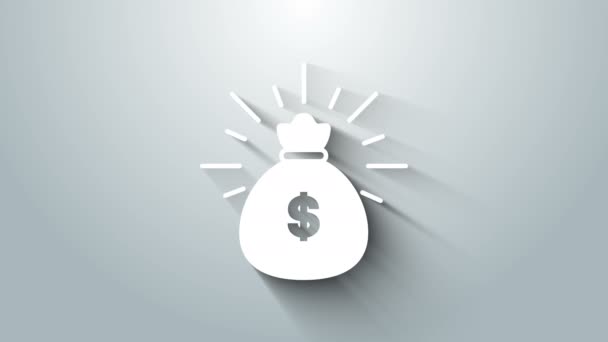 Ikona tašky White Money izolované na šedém pozadí. Symbol dolaru nebo USD. Cash Banking currency sign. Grafická animace pohybu videa 4K — Stock video