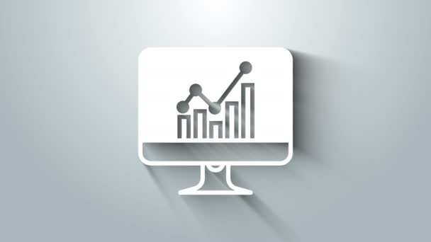 Weißer Computermonitor mit Diagrammdiagramm-Symbol auf grauem Hintergrund. Textdatei-Symbol melden. Buchhaltungszeichen. Prüfung, Analyse, Planung. 4k video motion graphic animation — Stockvideo