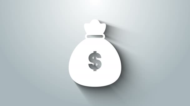 Значок White Money bag выделен на сером фоне. Символ доллара или доллара США. Валютный знак Cash Banking. Видеографическая анимация 4K — стоковое видео