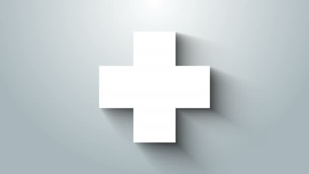 Lékařská ikona nemocnice White Cross izolovaná na šedém pozadí. První pomoc. Diagnostický symbol. Značka medicíny a farmacie. Grafická animace pohybu videa 4K — Stock video