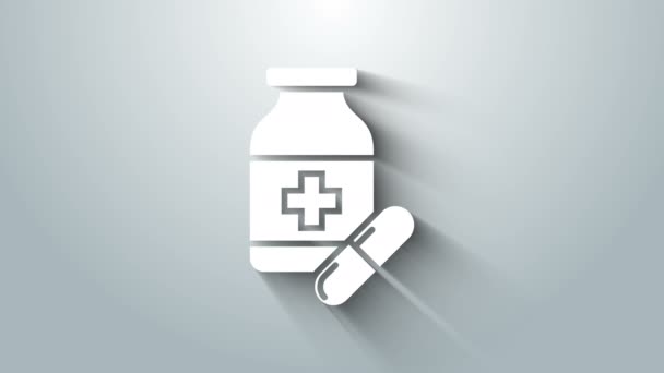 Weiße Medizin-Flasche und Pillen-Symbol isoliert auf grauem Hintergrund. Flaschentablettenschild. Apothekendesign. 4K Video Motion Grafik Animation