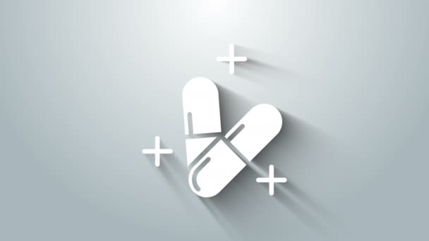 Pastilla de medicina blanca o icono de la tableta aislado sobre fondo gris. Cápsula de píldora y signo de drogas. Diseño de farmacia. Animación gráfica de vídeo 4K — Vídeo de stock