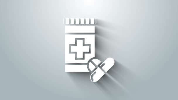 Белая бутылка лекарства и таблетки значок изолирован на сером фоне. Вывеска с таблетками. Аптечный дизайн. Видеографическая анимация 4K — стоковое видео