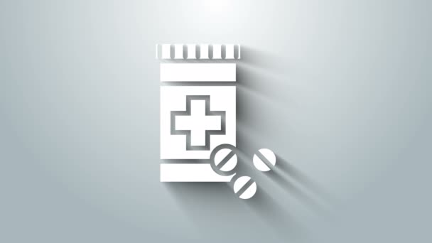 Fehér Gyógyszer palack és tabletták ikon elszigetelt szürke alapon. Üvegpirula jel. Gyógyszerészeti tervezés. 4K Videó mozgás grafikus animáció — Stock videók