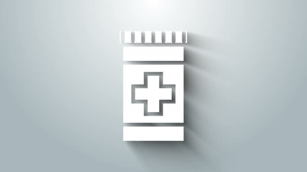 Λευκό φάρμακο μπουκάλι εικονίδιο απομονώνονται σε γκρι φόντο. Πινακίδα χαπιού. Σχεδιασμός φαρμακείου. 4K Γραφική κίνηση κίνησης βίντεο — Αρχείο Βίντεο