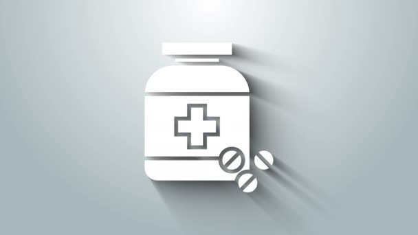 Botella de medicina blanca y pastillas icono aislado sobre fondo gris. Signo de la píldora. Diseño de farmacia. Animación gráfica de vídeo 4K — Vídeos de Stock