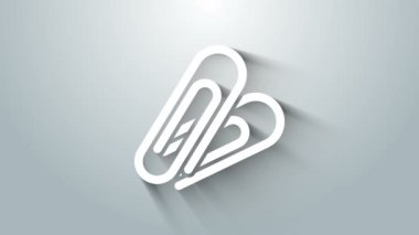 Beyaz kağıt ataç simgesi gri arkaplanda izole edildi. 4K Video hareketli grafik canlandırması