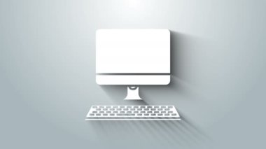 Gri arkaplanda klavye simgesi olan beyaz bilgisayar monitörü. Bilgisayar bileşeni işareti. 4K Video hareketli grafik canlandırması