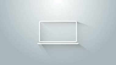 Gri arkaplanda beyaz dizüstü bilgisayar simgesi izole edildi. Boş ekran işaretli bilgisayar defteri. 4K Video hareketli grafik canlandırması