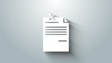 Gri zemin üzerinde iğnelenmiş düğme simgesi olan beyaz not kağıdı. Not kağıdı tabelası. 4K Video hareketli grafik canlandırması