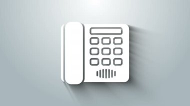 Gri arkaplanda beyaz telefon simgesi izole edildi. Sabit telefon. 4K Video hareketli grafik canlandırması