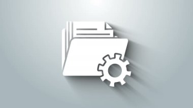 White Folder settings with gears icon isolated on grey background. Software update, transfer protocol, teamwork tool management. 4K Video motion graphic animation
