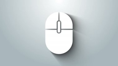 Beyaz Bilgisayar faresi simgesi gri arkaplanda izole edildi. Tekerlek sembollü optik. 4K Video hareketli grafik canlandırması