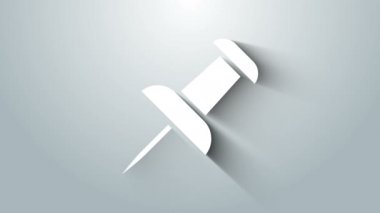 Beyaz İtiş iğne simgesi gri arkaplanda izole edildi. Raptiye işareti. 4K Video hareketli grafik canlandırması
