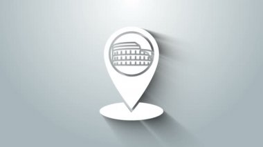 White Map pointer with Coliseum in Rome, Italy icon isolated on grey background. Colosseum sign. Symbol of Ancient Rome, gladiator fights. 4K Video motion graphic animation