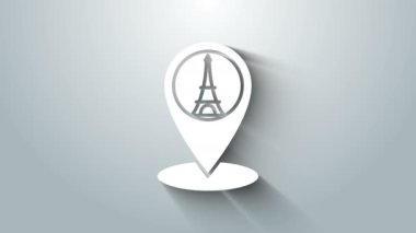 Gri arkaplanda Eyfel kulesi simgesi olan beyaz harita işaretçisi. Fransa Paris simgesi. 4K Video hareketli grafik canlandırması