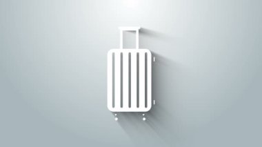 Seyahat simgesi için beyaz bavul gri arkaplanda izole edildi. Seyahat bagaj tabelası. Seyahat bagaj ikonu. 4K Video hareketli grafik canlandırması