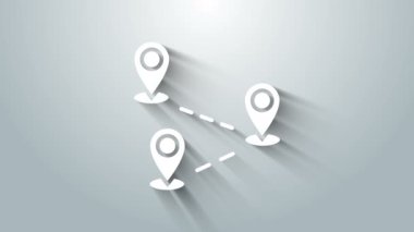 Beyaz Yol konum simgesi gri arkaplanda izole edildi. Harita işaretçisi işareti. Yol ya da yol kavramı. GPS navigatörü. 4K Video hareketli grafik canlandırması