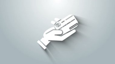 Gri arka planda izole edilmiş kredi kartı ikonu olan beyaz insan eli. Çevrimiçi ödeme. Kartla öde. Finansal operasyonlar. 4K Video hareketli grafik canlandırması