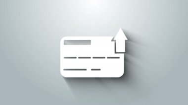 Gri arkaplanda beyaz kredi kartı simgesi izole edildi. Çevrimiçi ödeme. Nakit çekilmesi. Finansal operasyonlar. Alışveriş tabelası. 4K Video hareketli grafik canlandırması