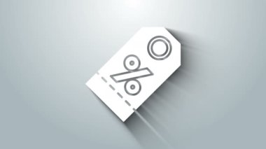 Beyaz indirim etiketi simgesi gri arkaplanda izole edildi. Etiket alışverişi. Özel teklif işareti. İndirim kuponları sembolü. 4K Video hareketli grafik canlandırması