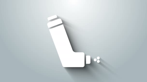 White Inhaler icon isolated on grey background. Breather for cough relief, inhalation, allergic patient. Medical allergy asthma inhaler spray. 4K Video motion graphic animation — Wideo stockowe