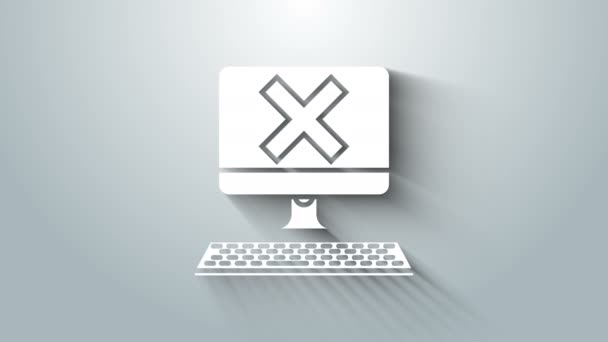 Белый компьютер с клавиатурой и значком x на сером фоне. окно ошибки, кнопка выхода, отмена, 404 страница ошибки не найдена концепция. Видеографическая анимация 4k — стоковое видео
