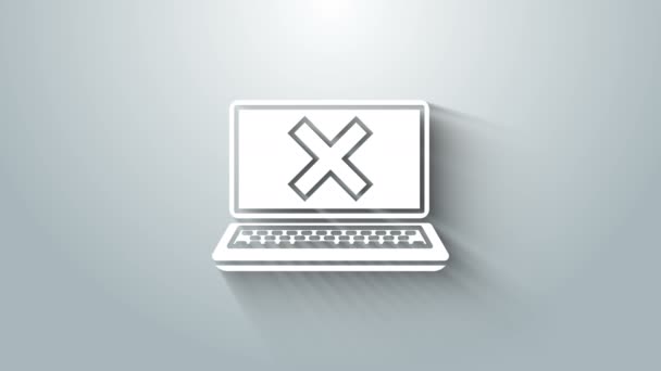 White Laptop and cross mark on screen icon isolated on grey background. Error window, exit button, cancel, 404 error page not found concept. 4K Video motion graphic animation — ストック動画