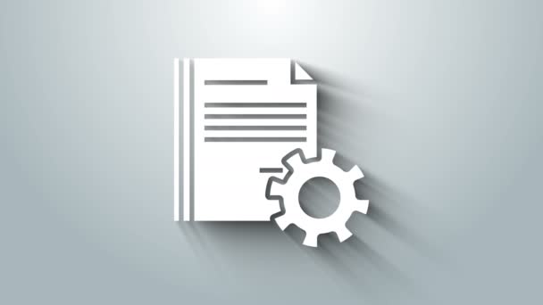 White Document settings with gears icon isolated on grey background. Software update, transfer protocol, teamwork tool management. 4K Video motion graphic animation — ストック動画