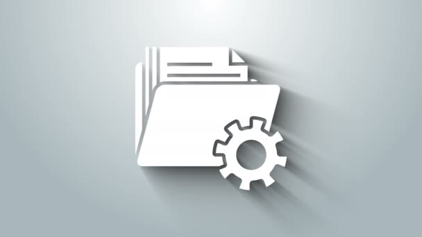 White Folder settings with gears icon isolated on grey background. Software update, transfer protocol, teamwork tool management. 4K Video motion graphic animation — ストック動画