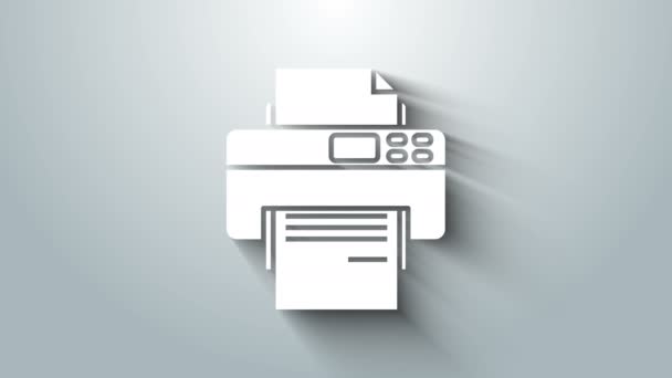 Значок белого принтера выделен на сером фоне. Видеографическая анимация 4K — стоковое видео
