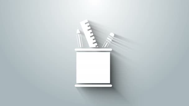Caso bianco icona cancelleria isolato su sfondo grigio. Matita, penna, righello in un bicchiere per ufficio. Animazione grafica 4K Video motion — Video Stock