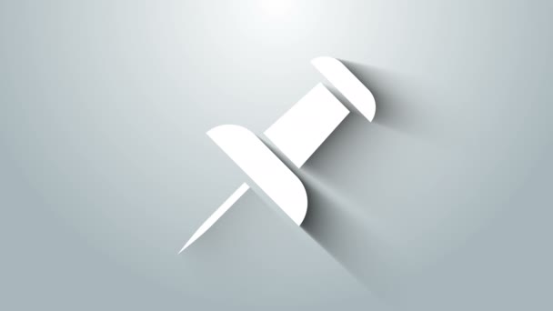 Icono blanco Push pin aislado sobre fondo gris. Signo de chinchetas. Animación gráfica de vídeo 4K — Vídeo de stock