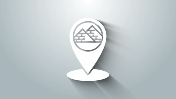 Biała Mapa wskaźnik z Egiptu piramidy ikona izolowane na szarym tle. 4K Animacja graficzna ruchu wideo — Wideo stockowe