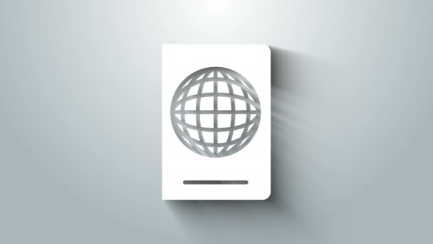 Pasaporte blanco con icono de datos biométricos aislado sobre fondo gris. Documento de identificación. Animación gráfica de vídeo 4K — Vídeos de Stock