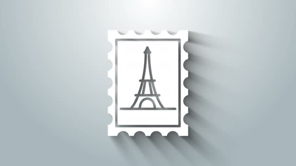 Sello postal blanco e icono de la torre Eiffel aislados sobre fondo gris. Animación gráfica de vídeo 4K — Vídeo de stock