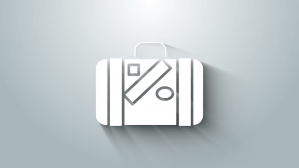 White Suitcase for travel and stickers icon isolated on grey background. Traveling baggage sign. Travel luggage icon. 4K Video motion graphic animation — Stock Video