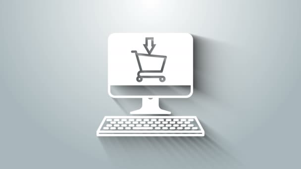 White Shopping cart on screen computer icon isolated on grey background. Concept e-commerce, e-business, online business marketing. 4K Video motion graphic animation — Vídeo de Stock
