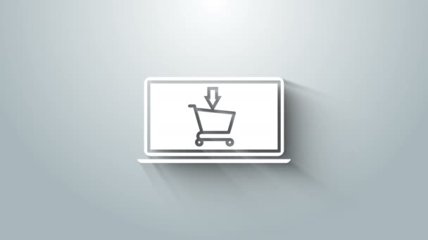 White Shopping cart on screen laptop icon isolated on grey background. Concept e-commerce, e-business, online business marketing. 4K Video motion graphic animation — Stockvideo