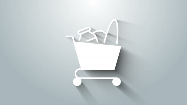White Shopping cart and food icon isolated on grey background. Food store, supermarket. 4K Video motion graphic animation — Stockvideo