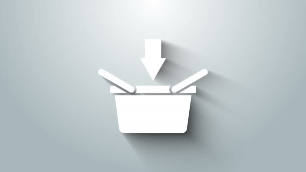 Biała ikona koszyka zakupów izolowana na szarym tle. Koncepcja zakupów online. Znak dostawy. Symbol wózka. 4K Animacja graficzna ruchu wideo — Wideo stockowe