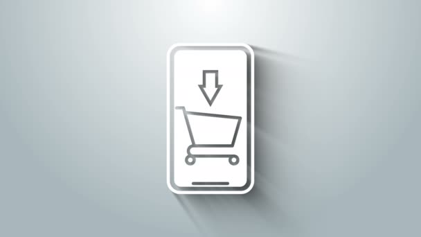 White Mobile phone and shopping cart icon isolated on grey background. Online buying symbol. Supermarket basket symbol. 4K Video motion graphic animation — Stock Video