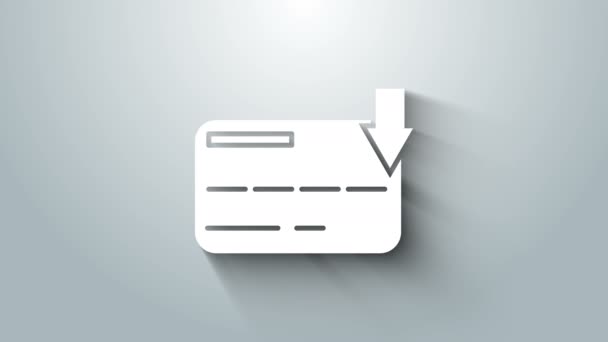 Icono blanco de la tarjeta de crédito aislado sobre fondo gris. Pago en línea. Retiro de efectivo. Operaciones financieras. Señal de compra. Animación gráfica de vídeo 4K — Vídeo de stock