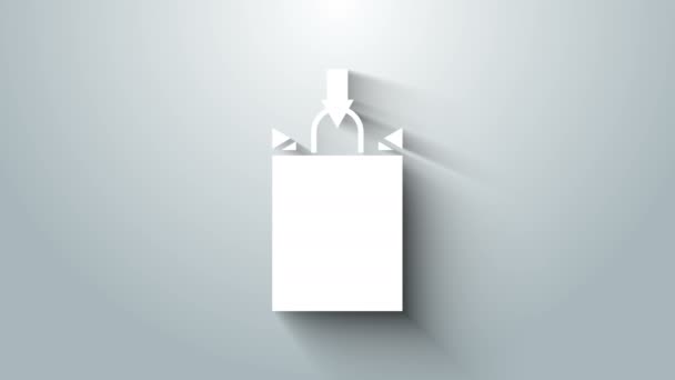 Ikona nákupní tašky z bílého papíru izolovaná na šedém pozadí. Značka balíčku. Grafická animace pohybu videa 4K — Stock video