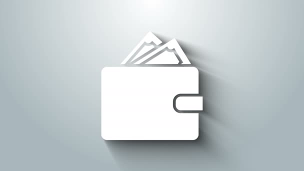 Fehér pénztárca halom papír pénz ikon elszigetelt szürke háttér. Erszényes ikon. Készpénz-megtakarítás szimbólum. 4K Videó mozgás grafikus animáció — Stock videók