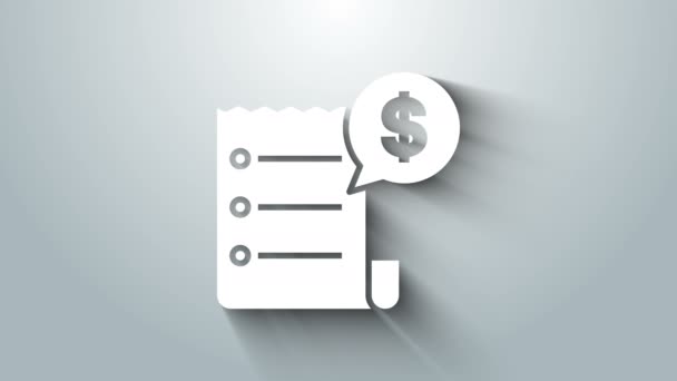 Icono de verificación del Libro Blanco y verificación financiera aislado sobre fondo gris. Comprobación de impresión de papel, recibo de la tienda o factura. Animación gráfica de vídeo 4K — Vídeos de Stock